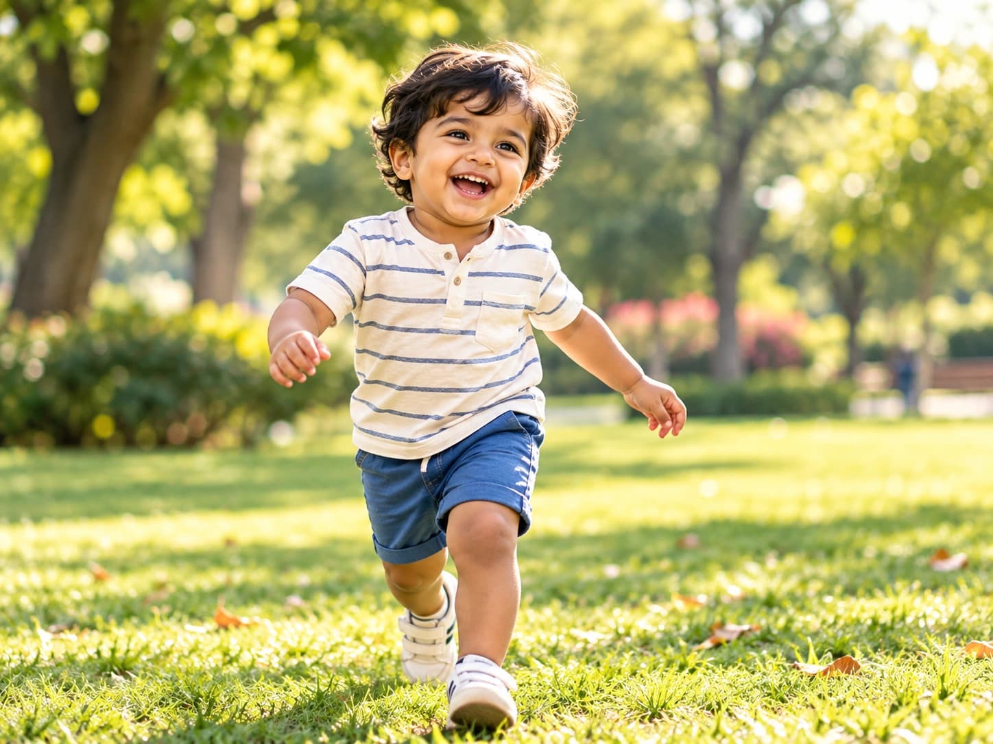 A young child running across sunlit grass in a park.