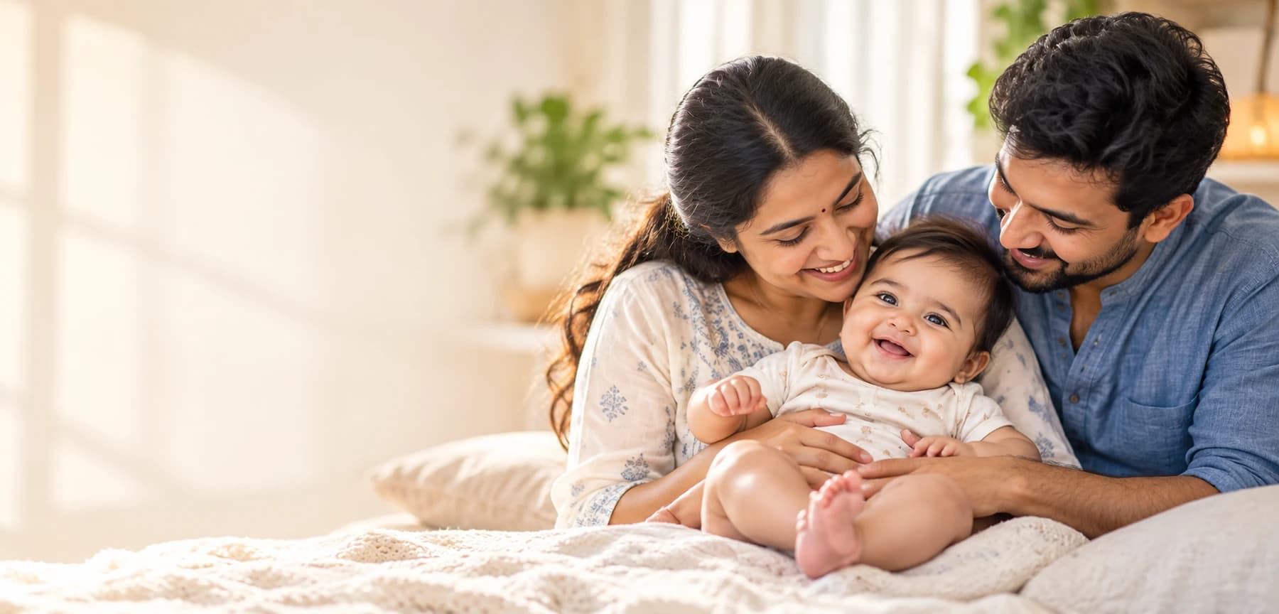 South Asian parents smiling with their happy infant at home.