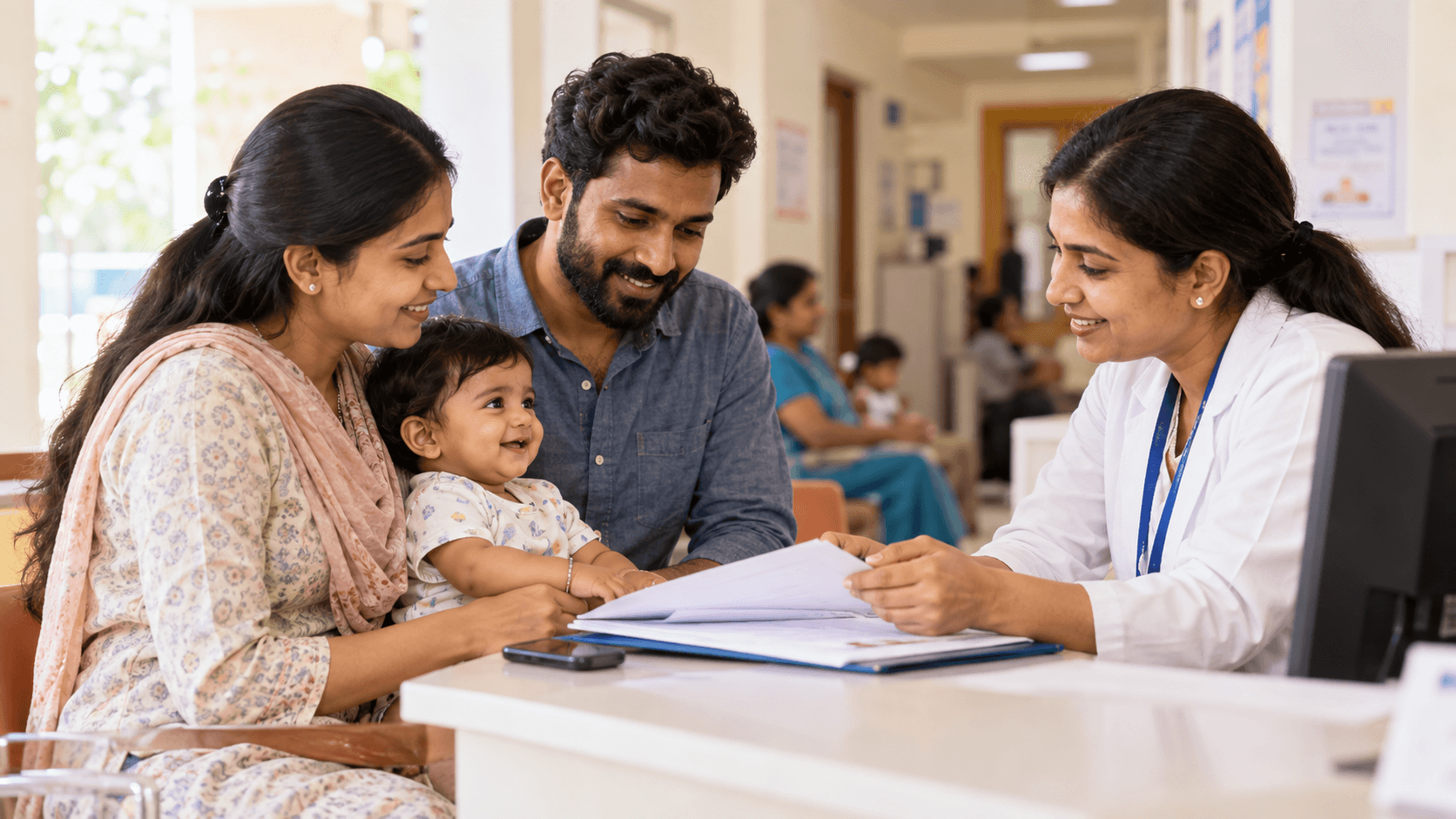 Caregivers review medical records with a clinician.