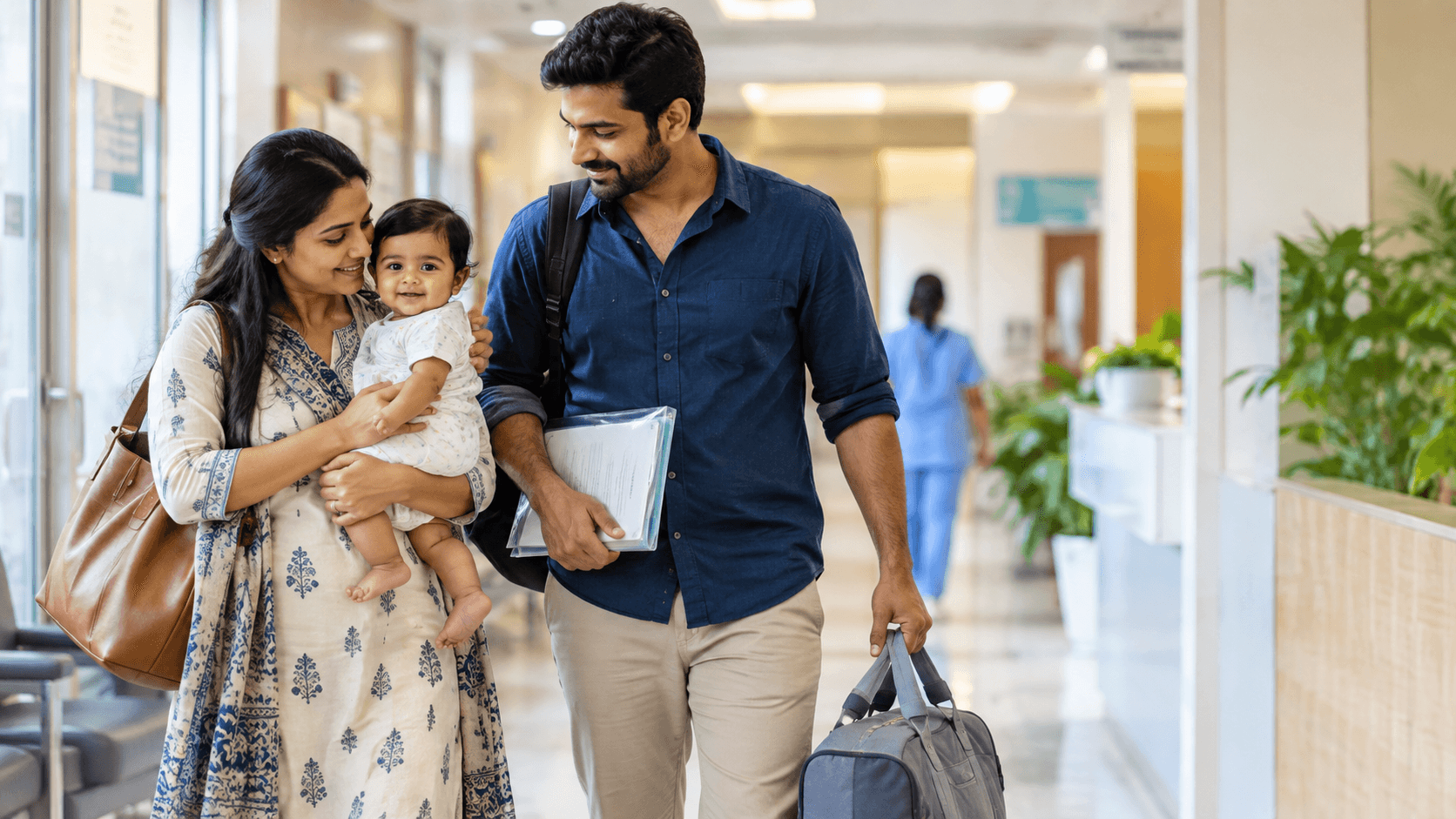 A family walks through a clinic corridor carrying a travel bag.