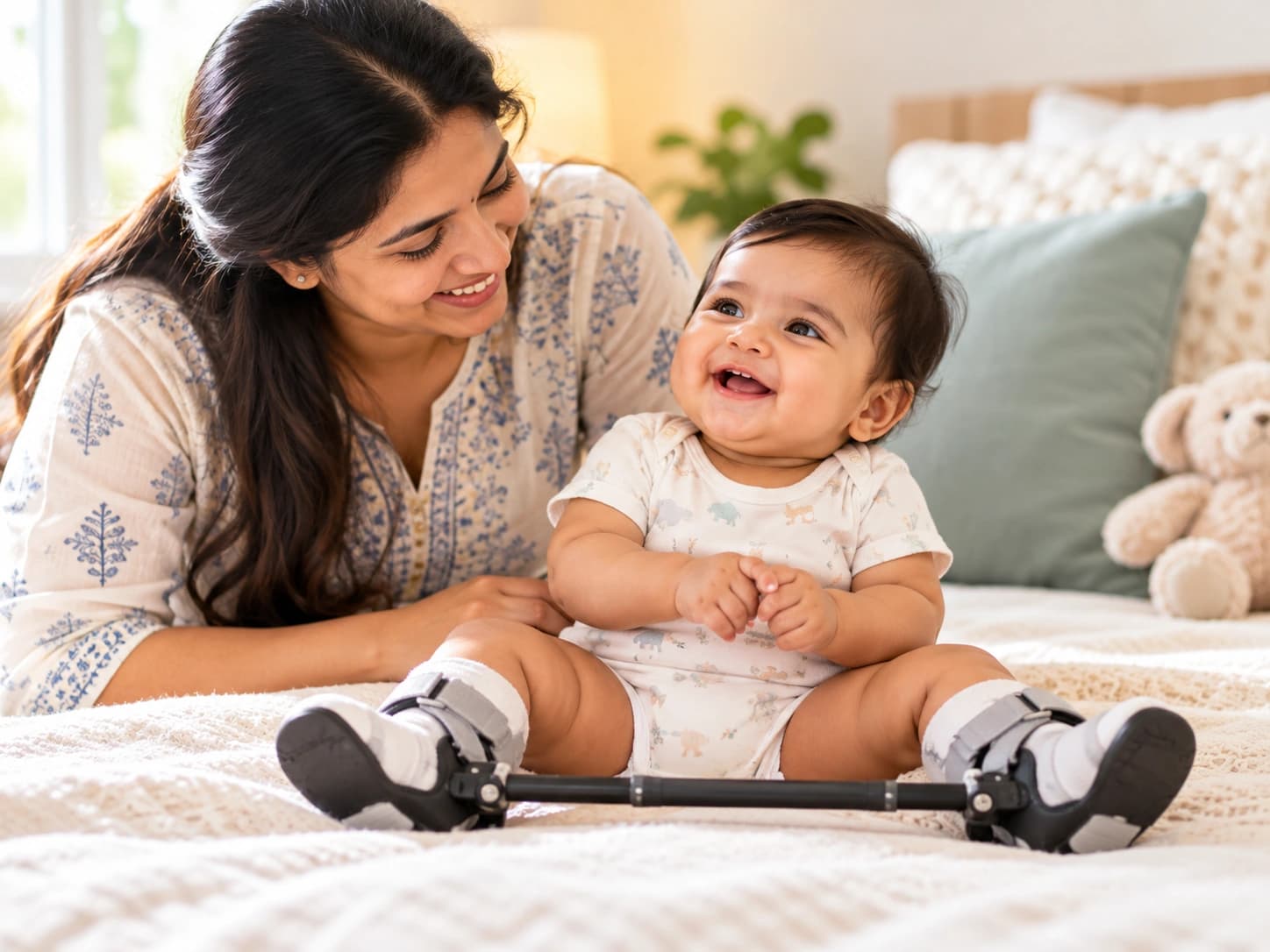 A mother smiling at her seated baby, with both boots and the connecting brace bar visible.